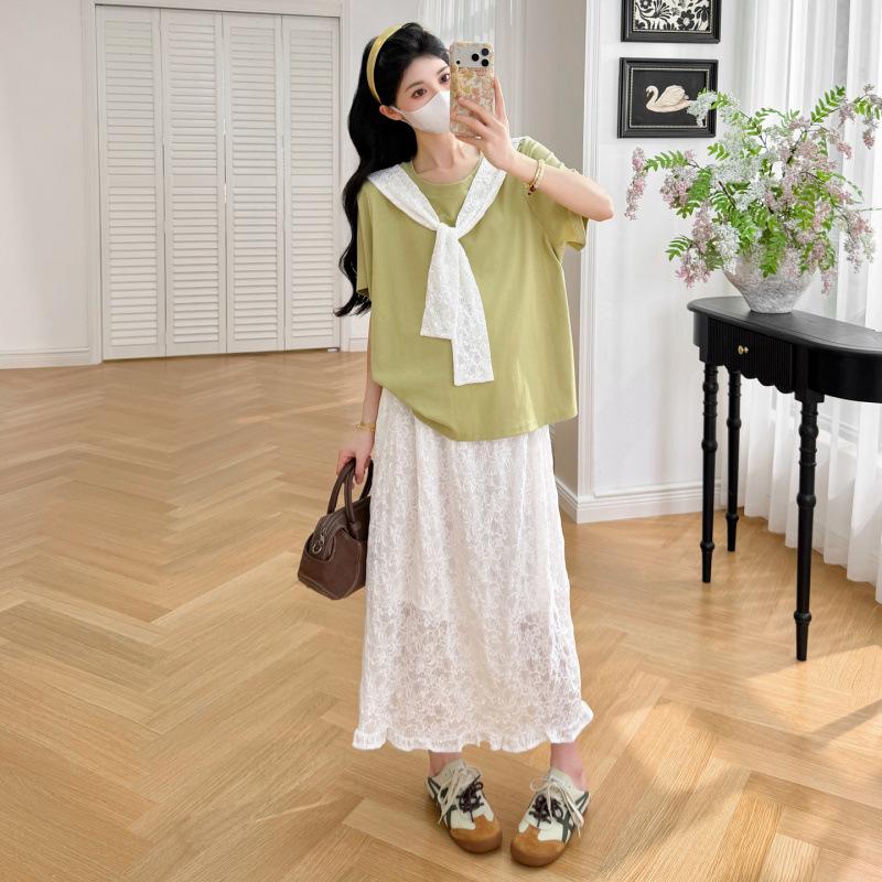 2026 Summer Korean Style Maternity Lace Top & Skirt Set XL