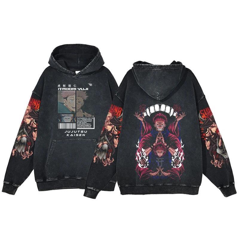 Anime Jujutsu Kaisen Ryomen Sukuna Print Washed Hooded Men Manga Vintage Hoodies Casual Cotton Streetwear Harajuku Sweatshirt