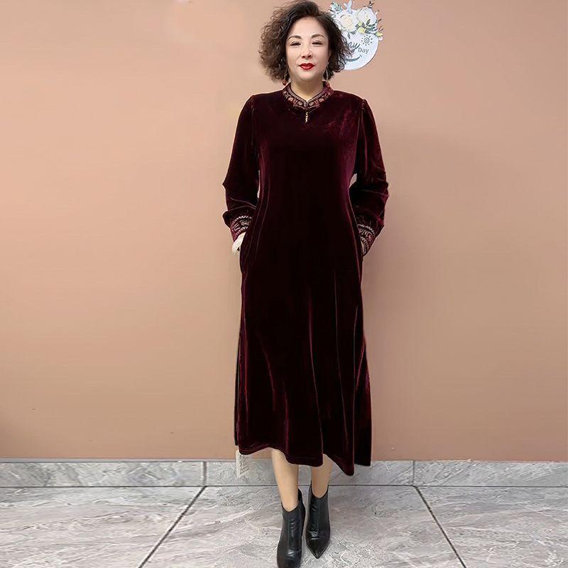

Осень Зима Женское Платье Большого Размера Свободное Однотонное Длинное Бархатное Платье XL