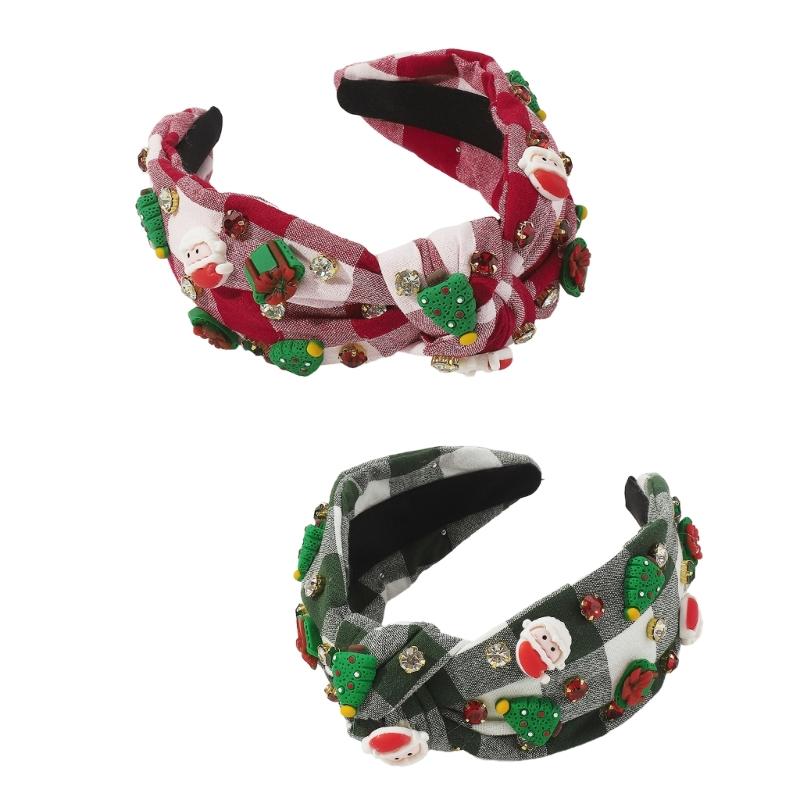 Christmas Theme Headband for Women Girl Non-Slip Knot Turban Headband Makeup Hairhoop Rhinestone Charm Plaids Hair Hoop