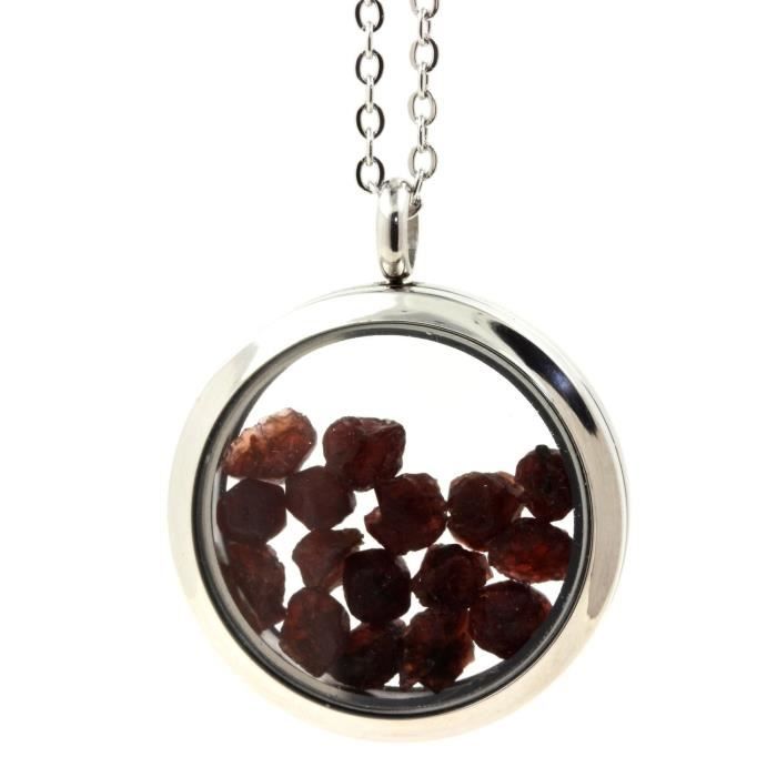 Collier - ABIJOUX - Grenat brut - Médaillon 20 mm - Acier inoxydable - Mixte