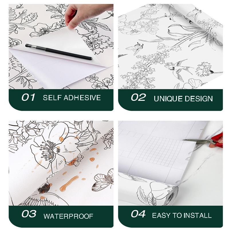 Black and White Flower Peeling Wallpaper Flower Detachable Self-adhesive Contact Wallpaper Flower Bird Wall Decoration Wallpaper