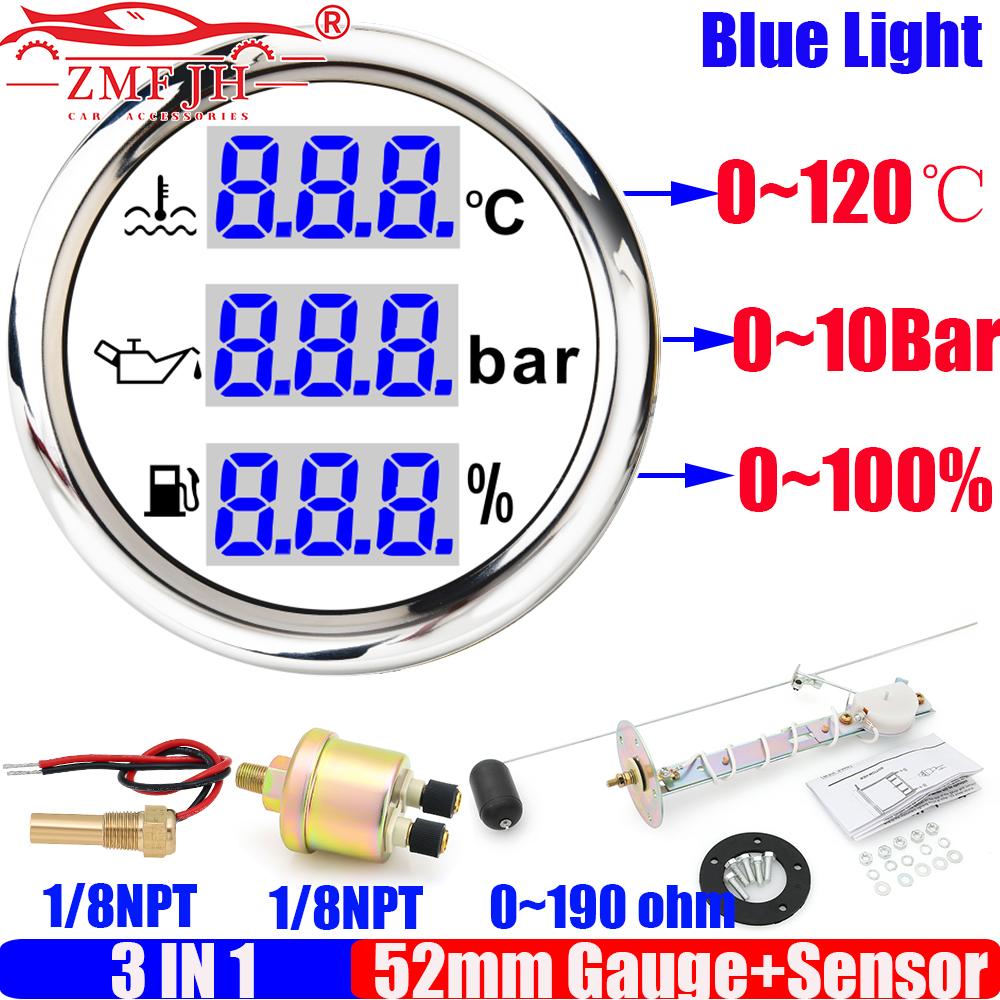 ZMFJH Blue LED Digital 3 IN 1 52MM Water Temperature Gauge+Oil Presssure+Fuel Gauge with Alarm Sensor Set for Car Boat 12V24V