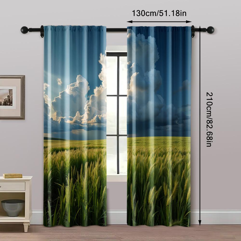 2pc, Curtain A History of Clear Grasslands and Heavy Rain Clouds1 Machine Washable Polyester,Without Electricity Versatile Use