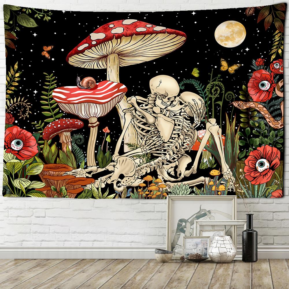 Skeletons And Mushrooms Tapestry Wall Hanging Psychedelic Witchcraft Aesthetics Room Hippie Tapiz Artist Home Decor