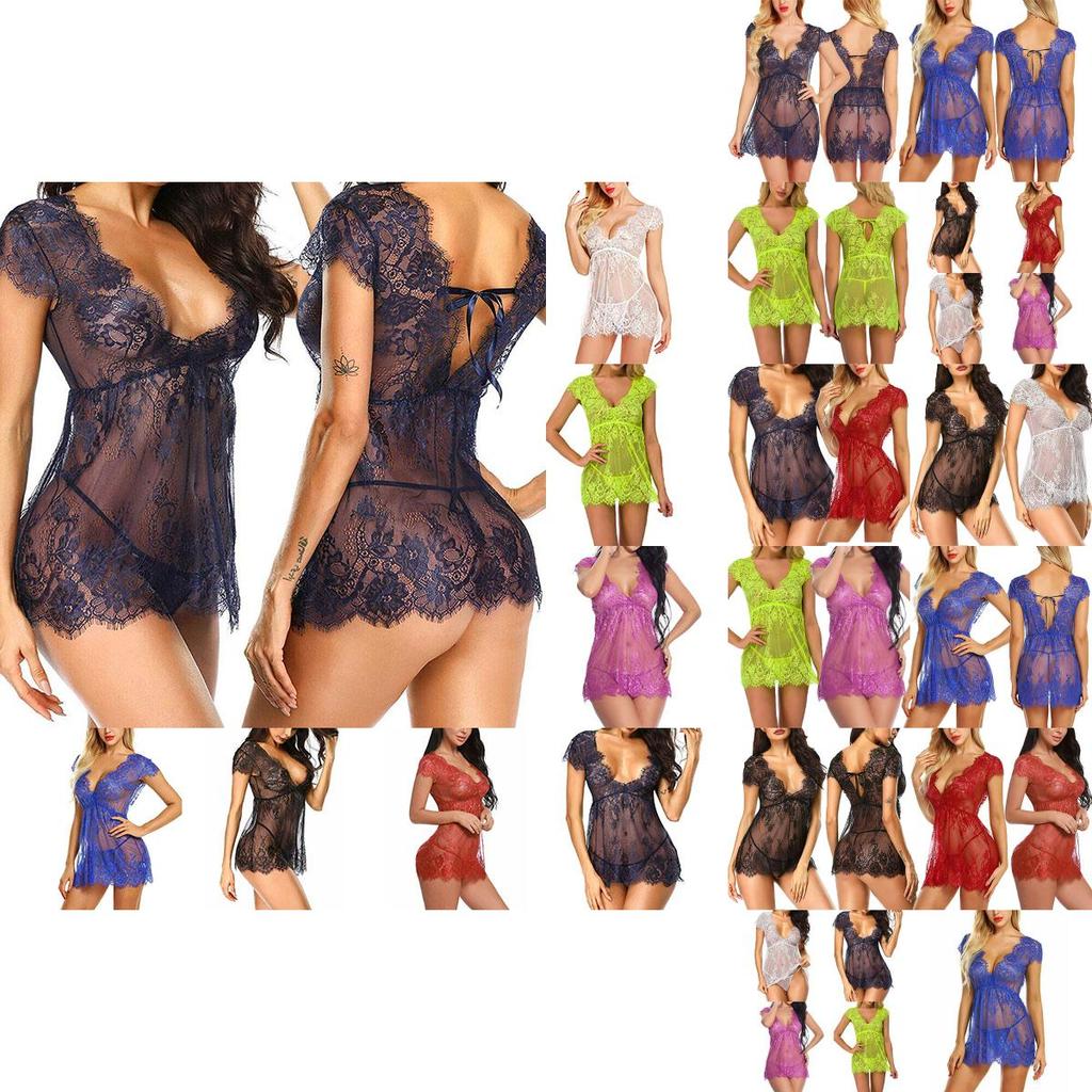 Luxurious Women Eyelash Lace Sexy Lingerie See-through Babydoll Sleepwear Dress T-back Set For Elegant Nights