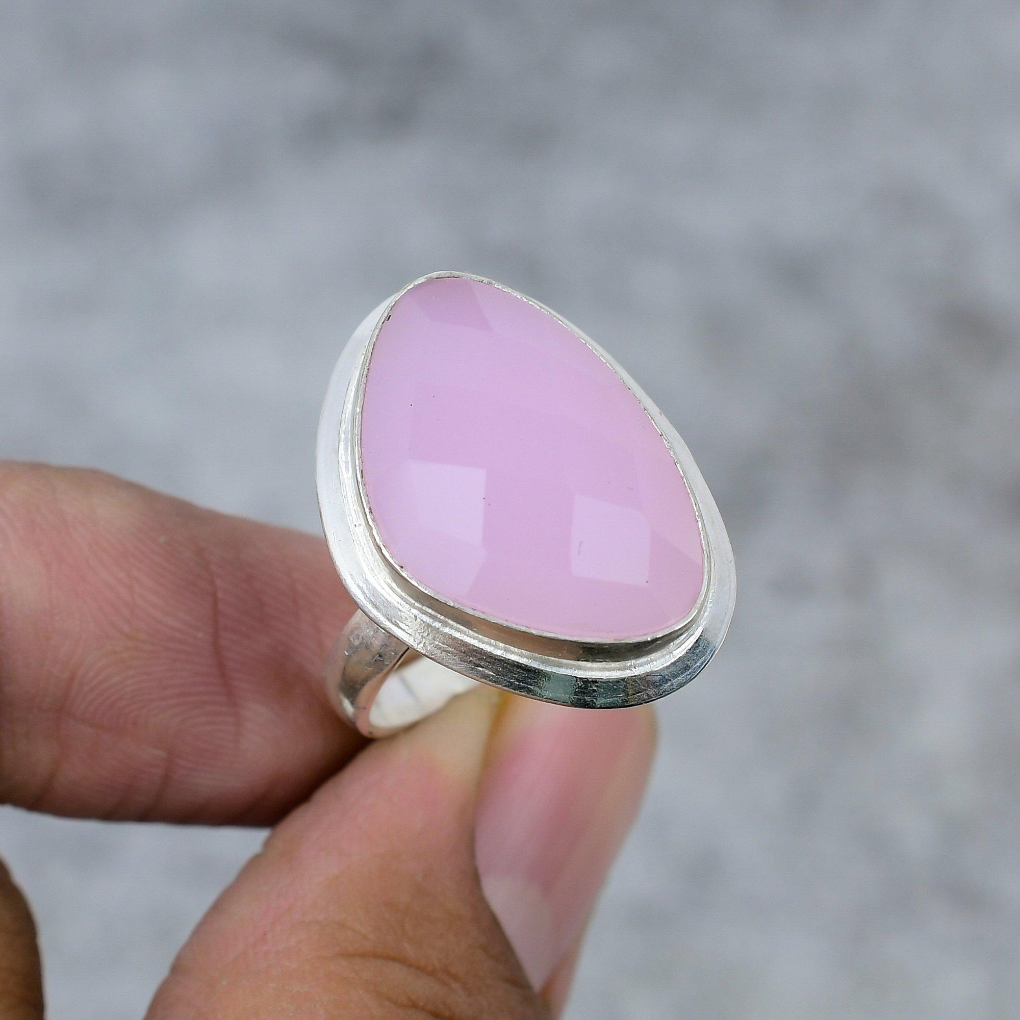 

Pink Chalcedony Gemstone Handmade 925 Sterling Silver Jewelry Ring Size 8.5 M-255