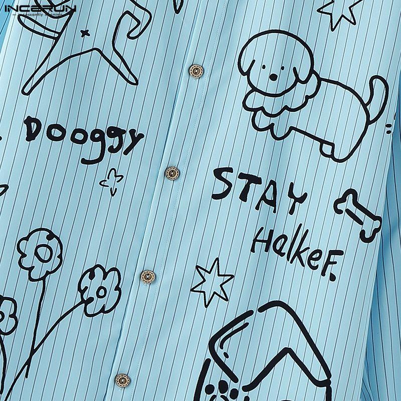 INCERUN S-5XL Men Lapel Neck Long Sleeve Cute Print Casual Loose Oversized Tops Shirts