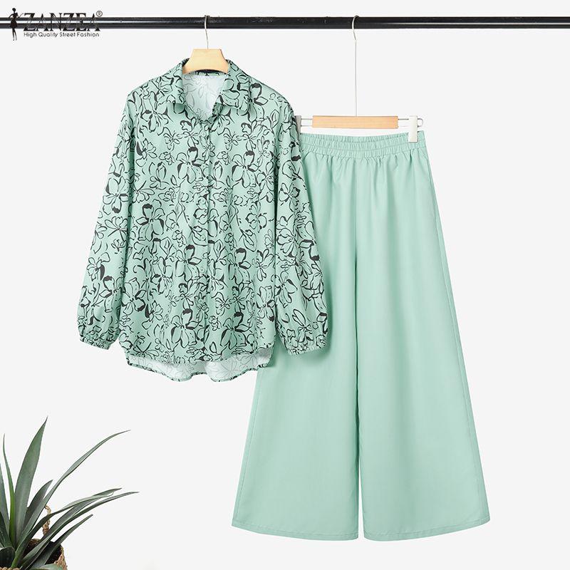 ZANZEA Bluză cu mânecă lungă și pantaloni cu imprimeu pentru femei, seturi casual din două piese