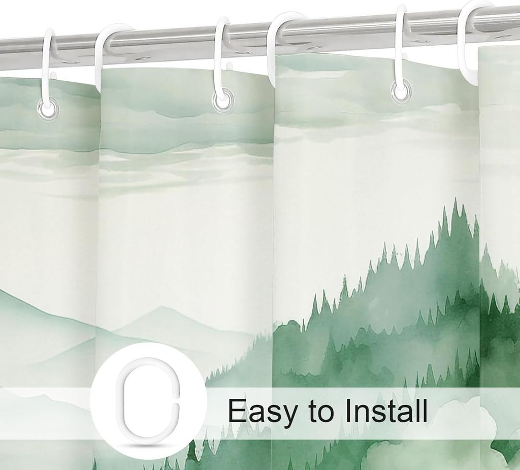 Misty Forest Mountain Shower Curtain Watercolor Pine Trees Nature Landscape Art Calming Bathroom Decor Greenery Theme Home