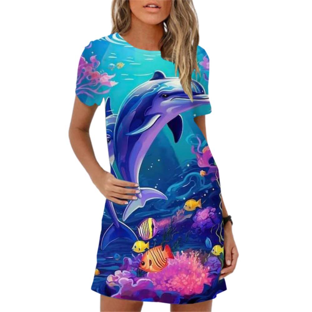 Sukienka damska w stylu oceanicznym, nowa, letnia, 2024, elegancka, z krótkim rękawem i okrągłym dekoltem, luźna, swobodna, damska, na plażę, na imprezę