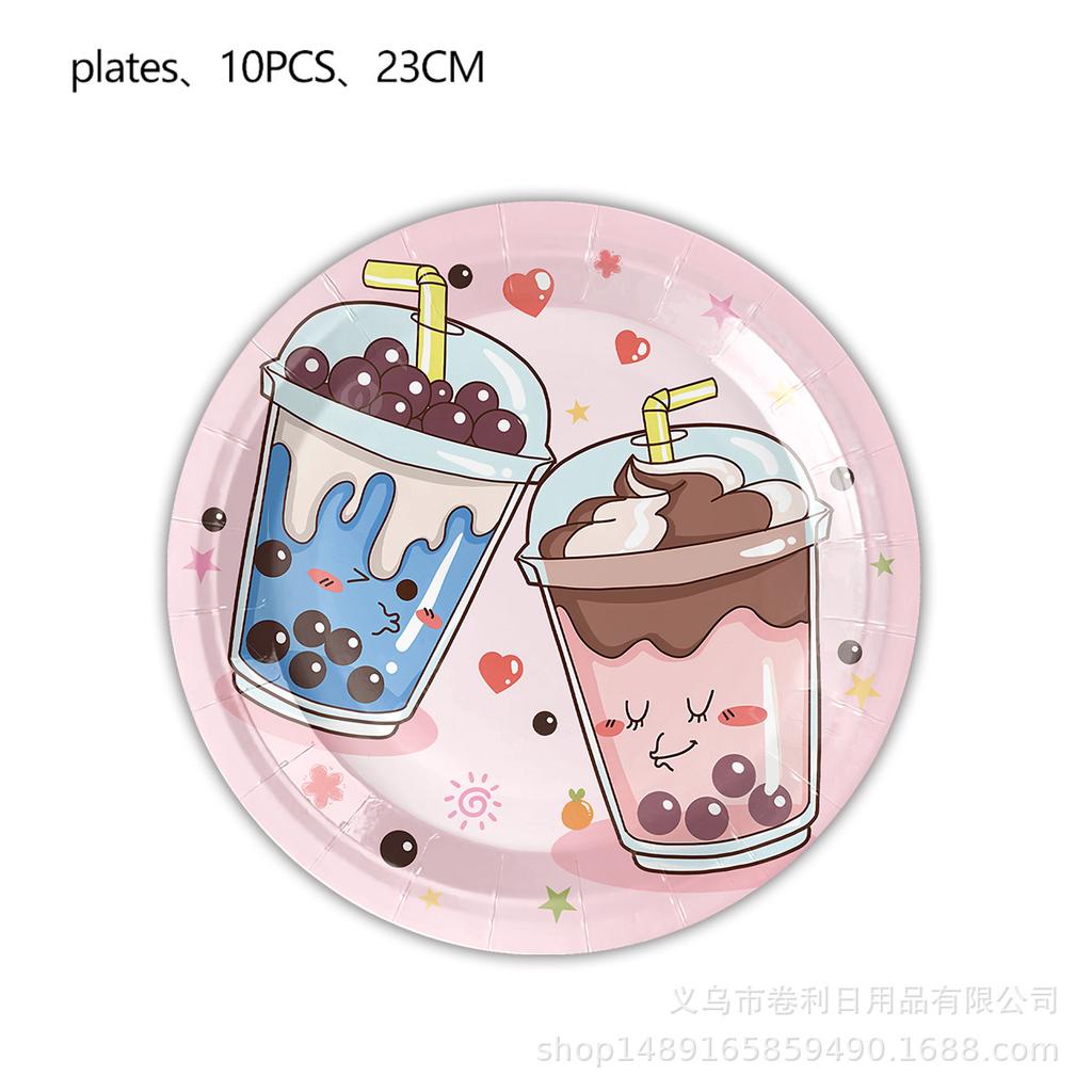 Customized Milk Tea Theme Party Decorations, Disposable Paper Plates, Paper Cups, Paper Towels, Tablecloths, Tableware Sets