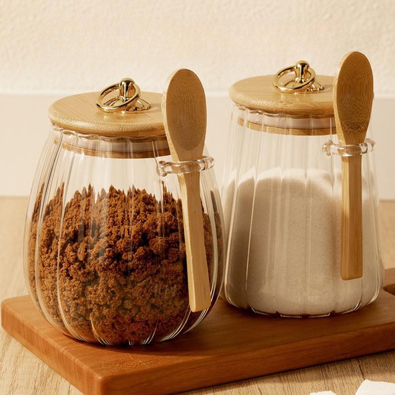 Contenants Alimentaires Hermétiques Pots de Stockage Pot en Verre avec Couvercle et Cuillère Boîte Scellée Boîtes à Sucre Thé Pots à Café Hermétiques Cuisine