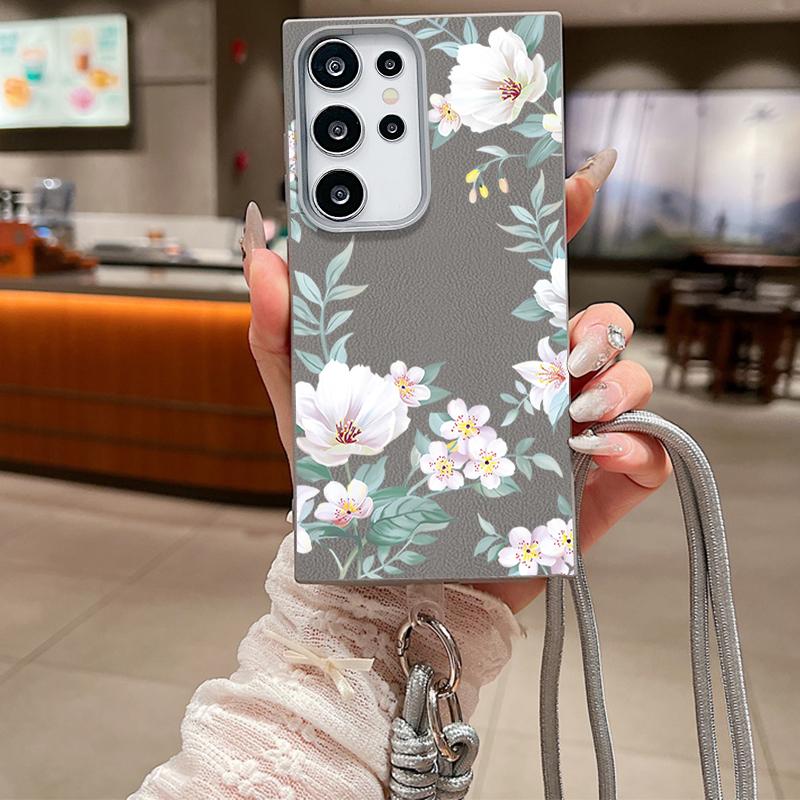 For Samsung S25 Ultra S24 FE S23 S22 A16 A56 A36 A55 A26 A35 Case Flower Pattern Slim Shockproof Matte Leather Texture TPU Soft Lanyard Phone Cover