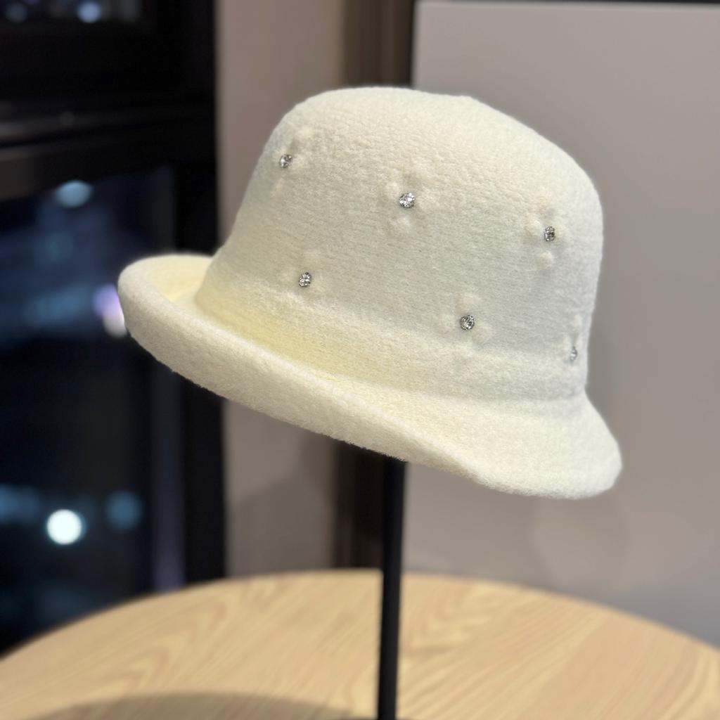 Winter New Style Curled Handmade Rhinestone Decorated Woolen Hat Japanese Style Warm Fisherman Hat Ladies Elegant Basin Hat Trend