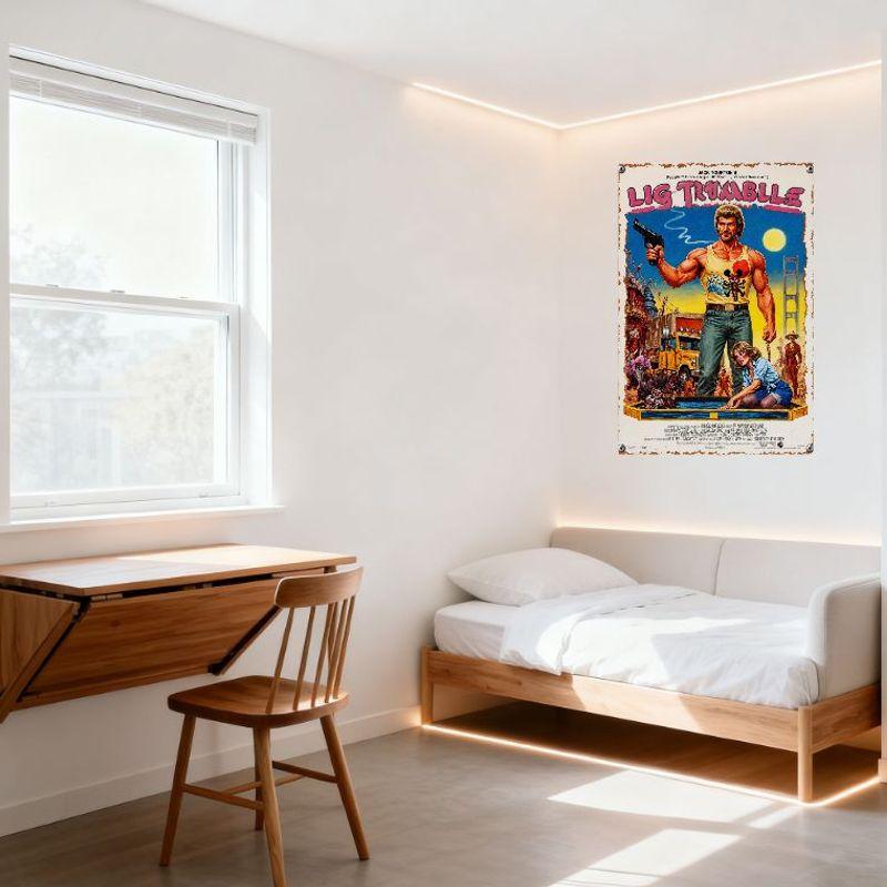 Vintage 'LIG TROUBLE' Action Movie Tin Sign - Muscular Man with Revolver, Distressed Woman, Post-Apocalyptic Scene - Retro 1980s