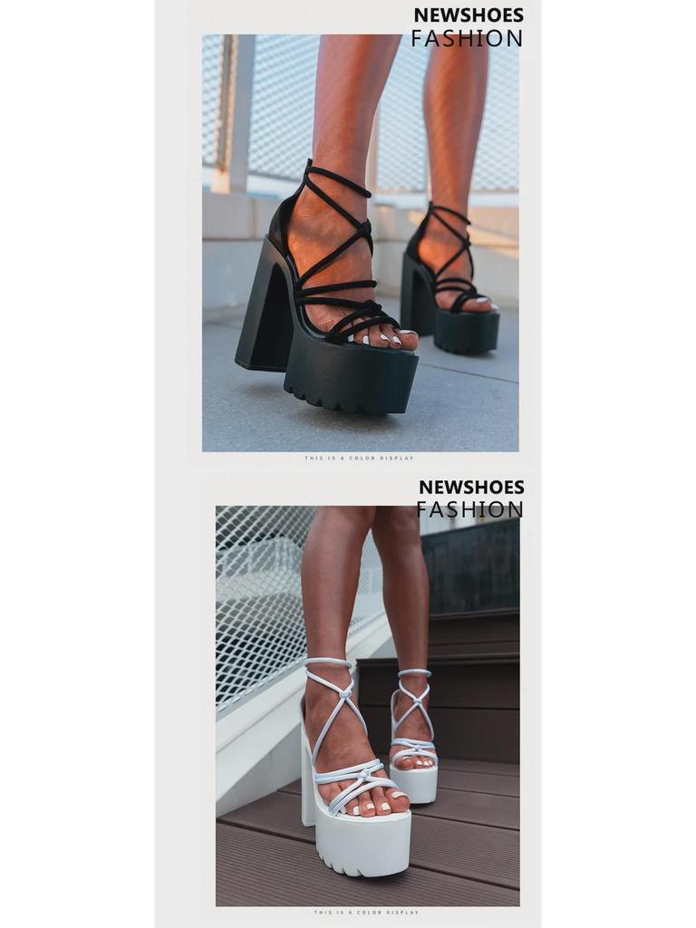 14CM Thick Heel Ultra-High Cross-Toe Open-Toe Sandals, Sizes 34-43, Sexy Height-Enhancing Style