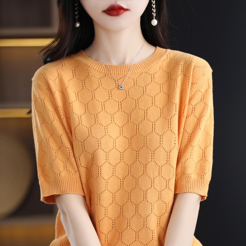 Crew Neck Hollow Knitted Short-sleeved Summer New Solid Color Loose T-shirt Thin Hollow Vest Half-sleeved Top