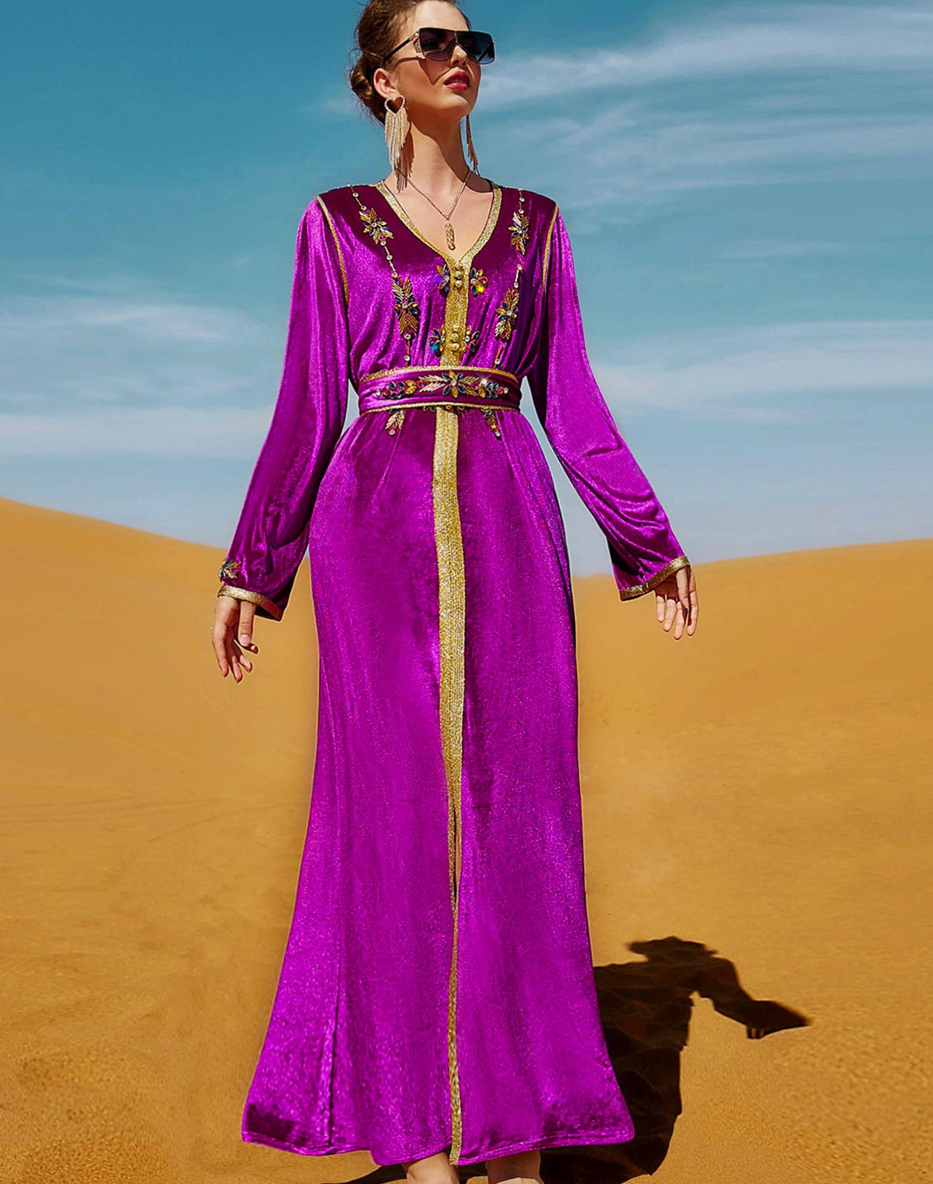 

Мусульманское женское платье розового и красного цвета со стразами, сшитое вручную, тонкое бархатное платье для семейной вечеринки XL розы красного