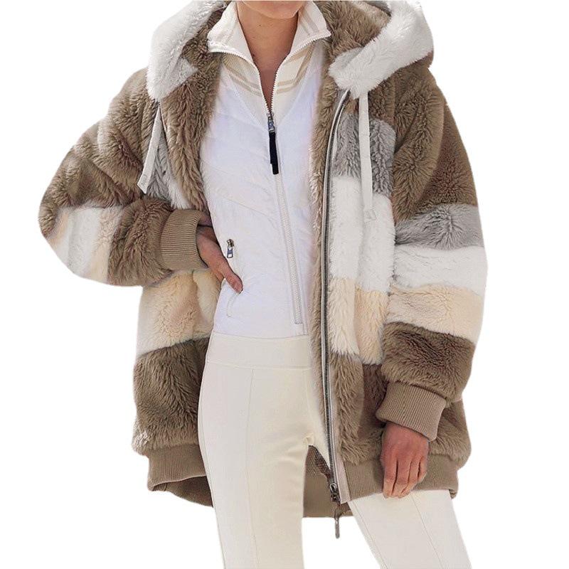 European & American Women's Autumn/Winter 2025 Plush Patchwork Zipper Pocket Hooded Loose Jacket