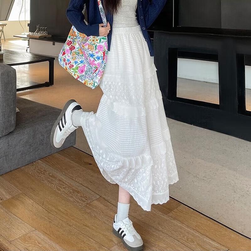 Elegant White A-Line Tiered Long Skirt L