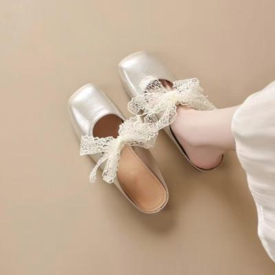 French Lace Bow Baotou Half Slippers Women's Gentle Wind Square Head Flat Bottom Sandals 2025 Spring and Summer New