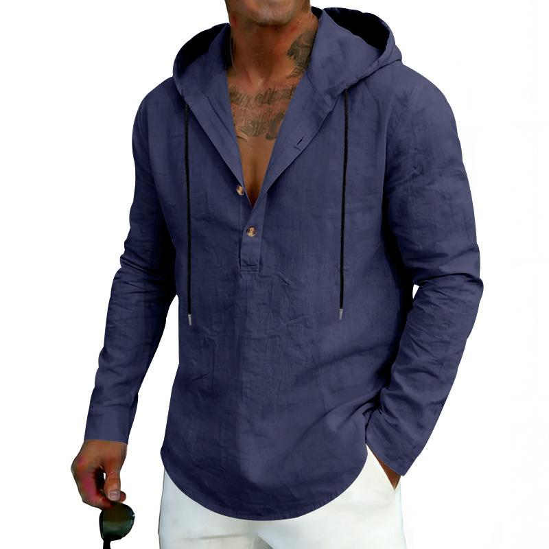 Men’s Casual Linen Hooded Top, Long-sleeved Half-Button-Up Henley Shirt, Spring/Autumn Breathable Beach Top