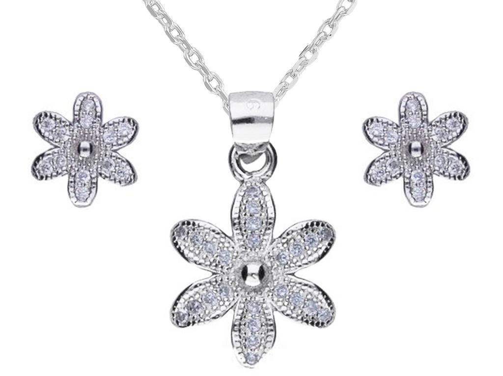 Delicate Silver Jewelry Set Flowers with Cubic Zirconias Small Flower
