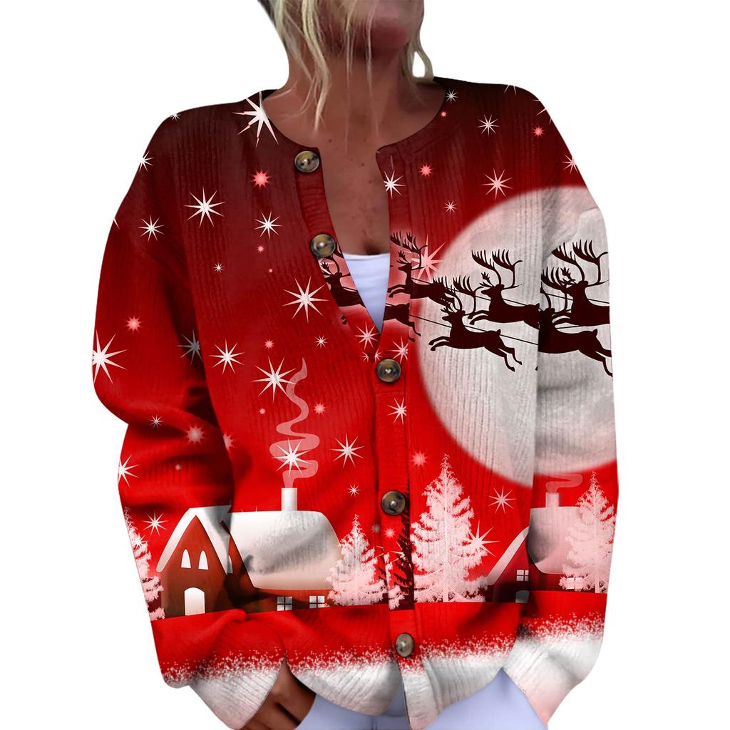 Women's Fashion Christmas Printed Long Sleeve Knitted Cardigan Button Down Jacket