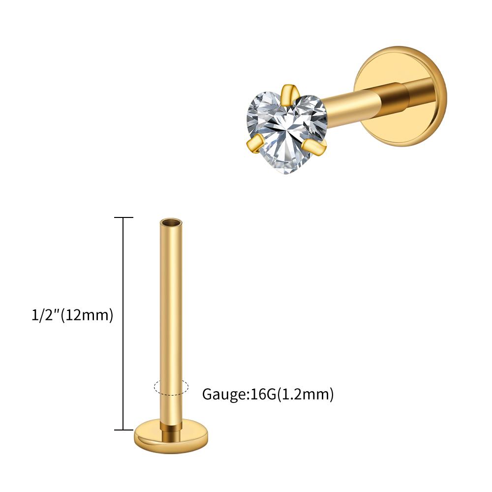 

Right Grand ASTM F136 Titanium 16G Heart CZ Internally Threaded Flat Back Labret Cartilage Tragus Helix Nose Stud Piercing