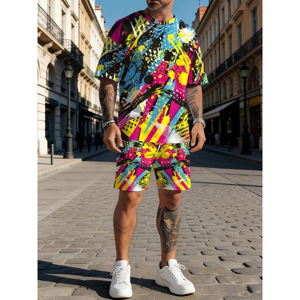 Bunte Graffiti 3D-Druck Trainingsanzüge Herren Damen Lässige Kurzarm-T-Shirt-Shorts-Sets 2 Teile Sportbekleidung Anzüge Herrenbekleidung