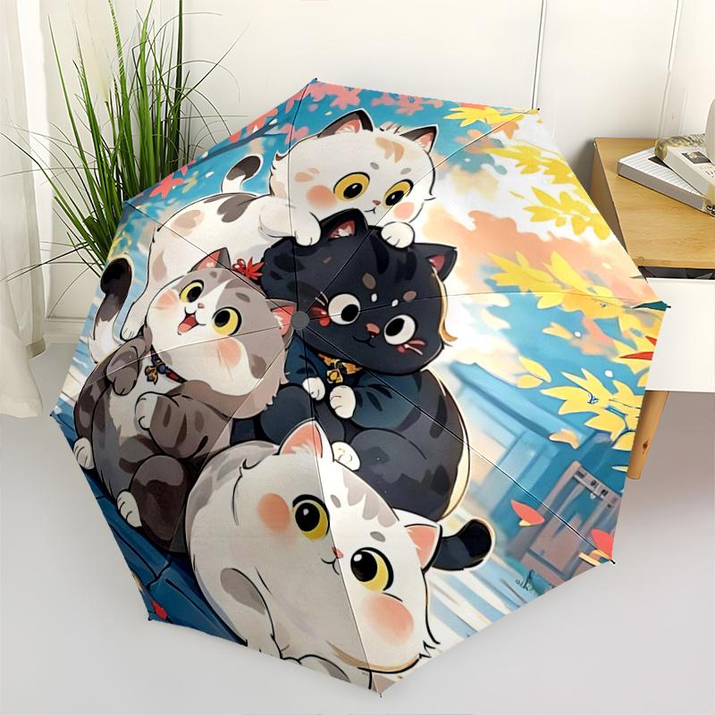 

1pc Four Cute Lucky Cats Pattern Beautiful Looking Automatic Folding Umbrella, 3 Folding, 8 Pole Frame Design, Durable and Suitable for Trav