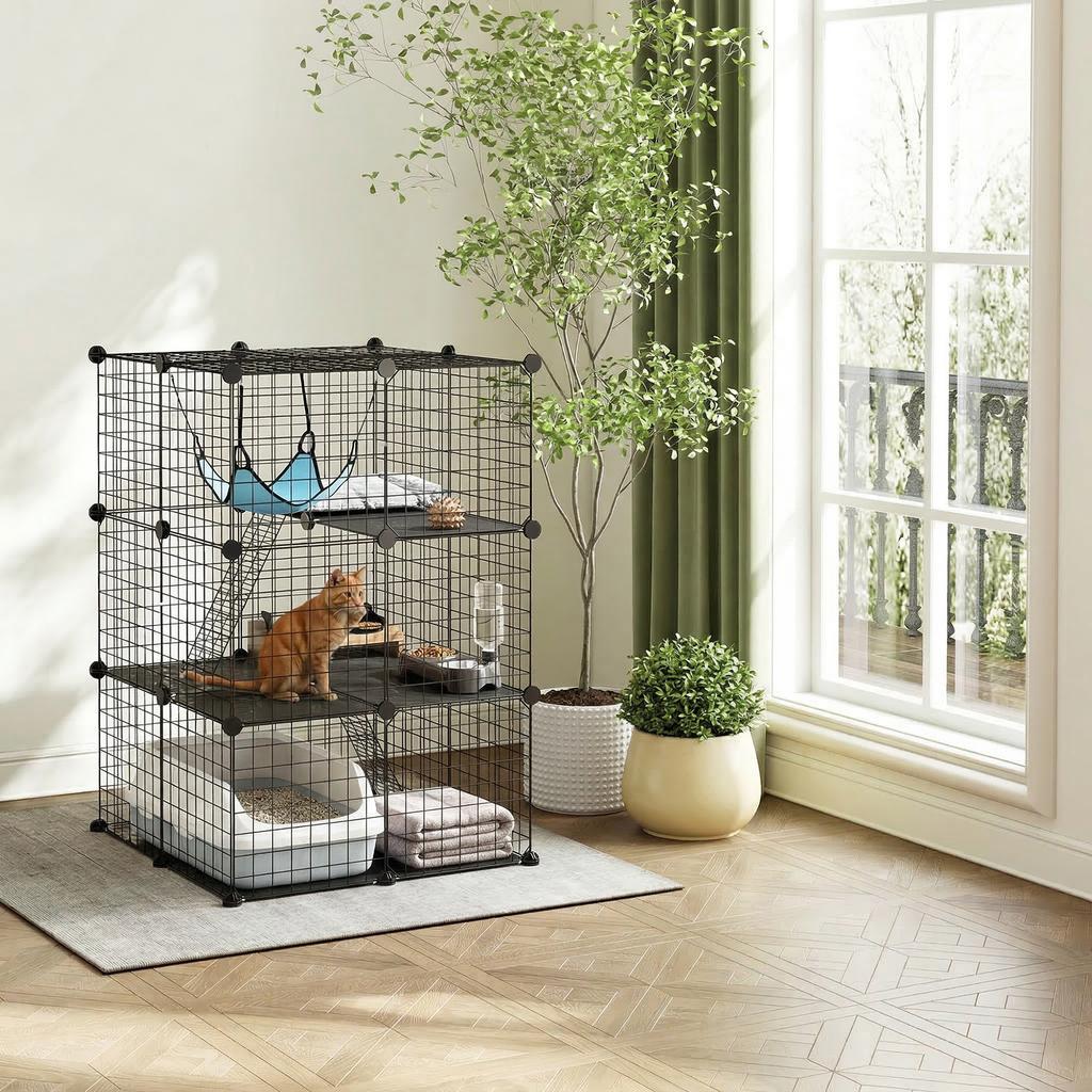 Indoor Cat Cage DIY Customizable 3-Tier Indoor Cat Enclosure with 3 Doors and Hammock 105 Cm Black