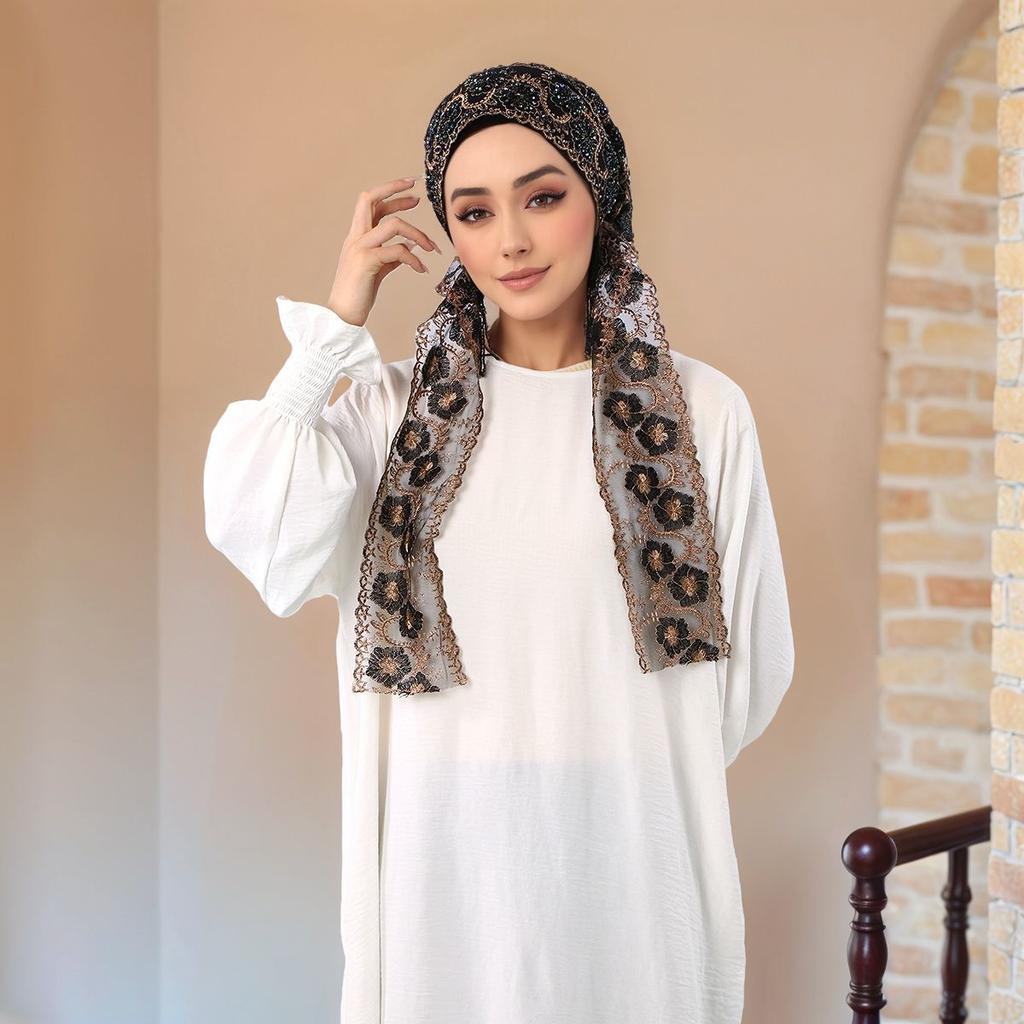 Ribbon Bead Embroidered Lace Hat Caps Woman Muslim Hijabs Dubai Ribbon Style Bonnet Gorgeous Party Style Turban Femme Ramadan