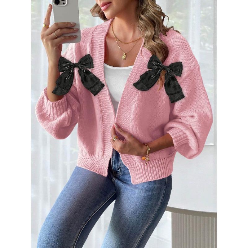 New Autumn and Winter Women's Cardigan with Ribbon Bow Splicing Personality Loose Versatile Sweater Jacket