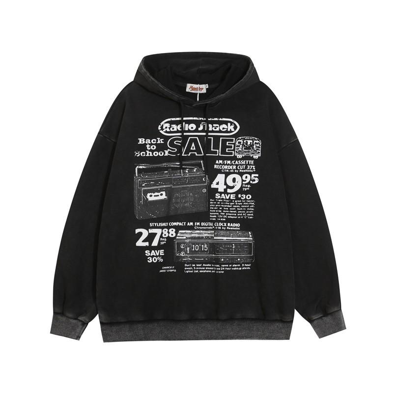 Oversized Hooded Sweatshirt Men Women Heavyweight Cotton Blend With Distressed Wash Print Streetwear Loose Fit