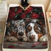 Australian Shepherd and Roses,pattern Flannel Blanket, High quality Comfortable for All Seasons, Home Decor, Warmth and Comfort, Perfect for Gifts.