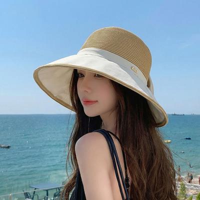 Grand Chapeau de Soleil Tressé pour Femme Chapeau Seau Protection Solaire Mode Chapeau de Paille Dames/Filles