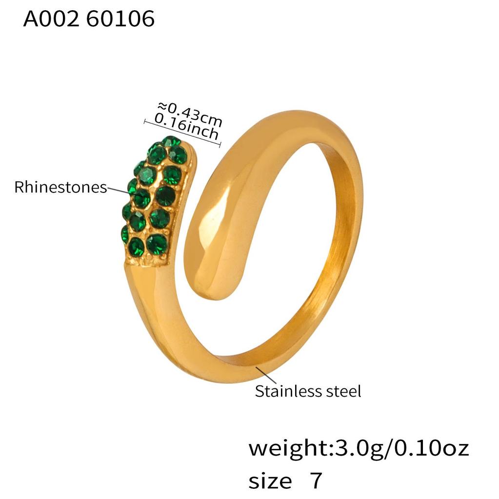 Simple Green & White Rhinestone Tri-Color Open Ring: 18K Gold-Plated Stainless Steel, European & American Style.