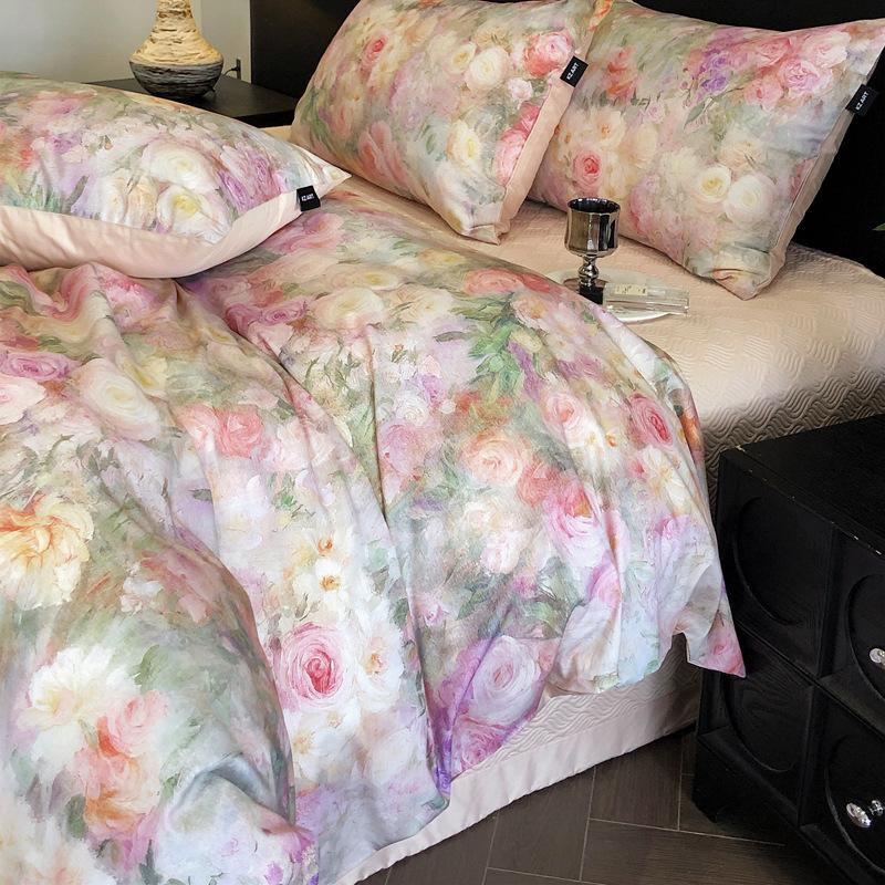 French Pastoral Oil Painting Style 100S Pure Cotton Satin Long-Staple Cotton Four-Piece Digital Printing Bedding