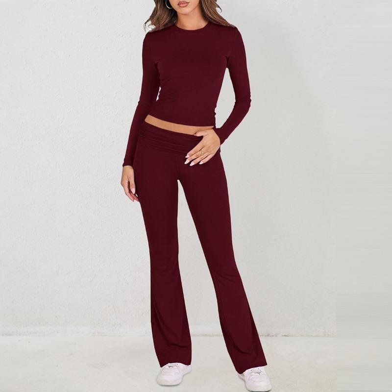 

Womens Solid Color Boat Neck Long Sleeve Crop Top Flare Pants Two Piece Set S красный