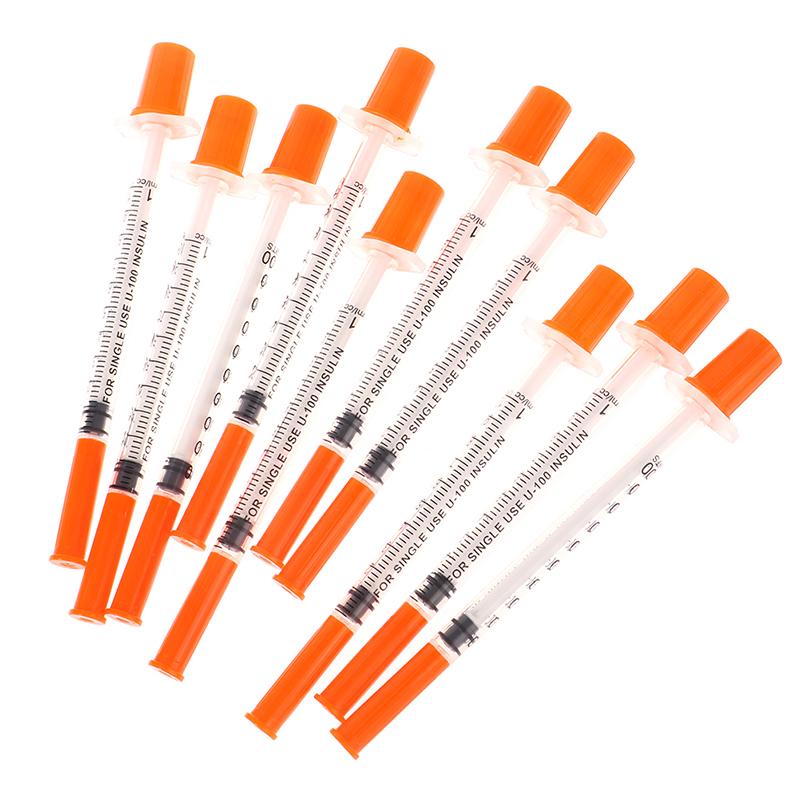 10Pcs 1Ml Disposable Plastic Sterile Insulin Syringe Orange Cap Plastic Liquid Dispenser