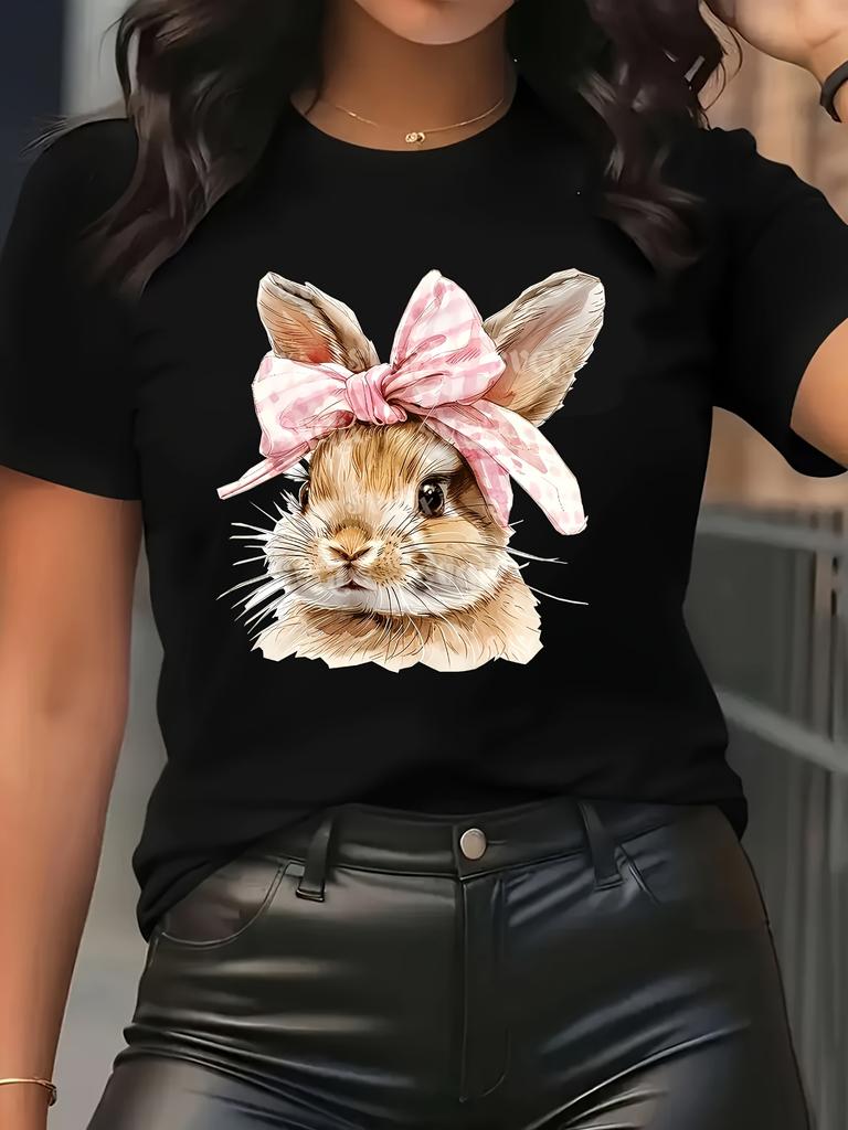 Rabbit and Bow Printed Tshirt Round Neck Short Sleeved Casual Top Round Neck Artistic Casual Trend Daily Womens Top