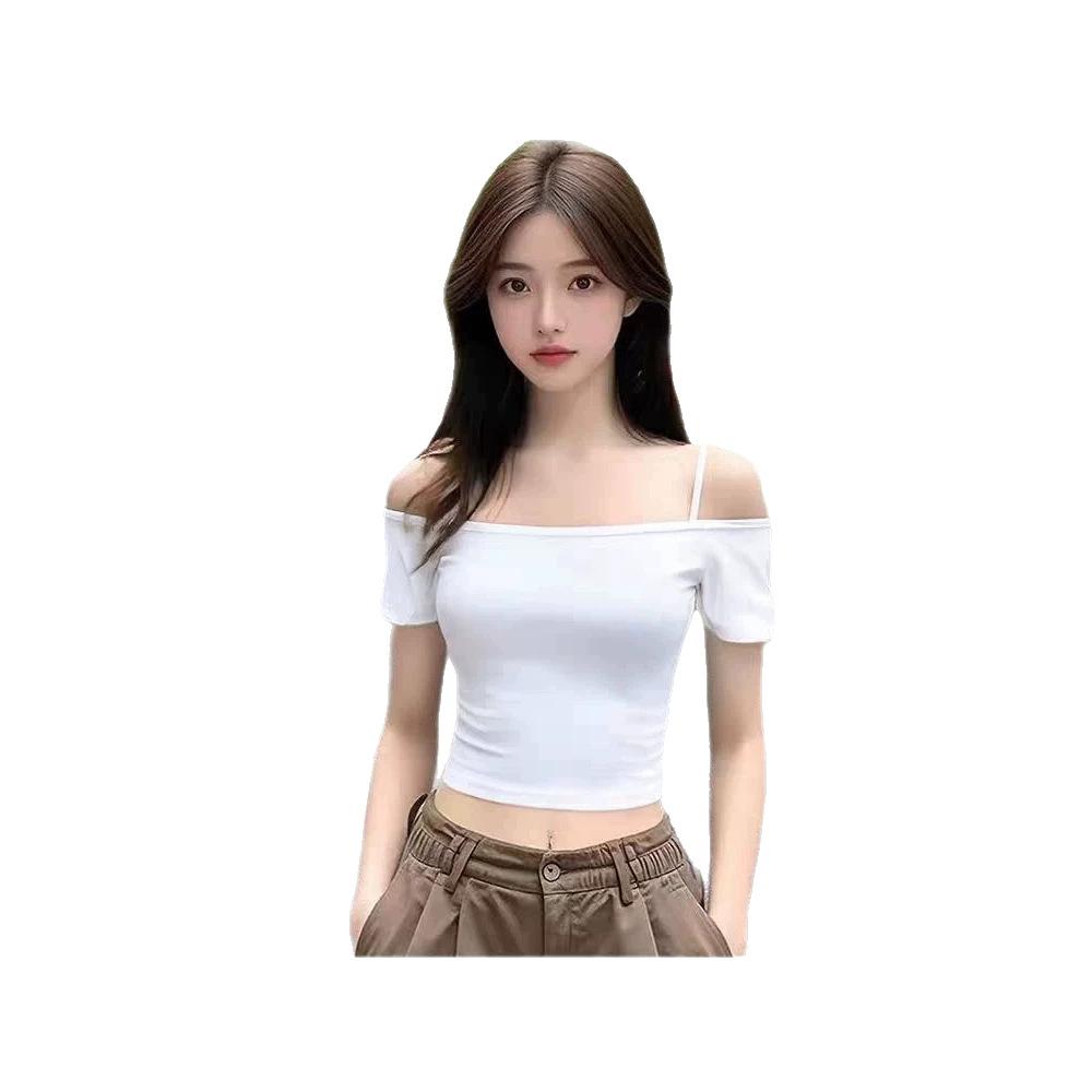 Summer New Suspender Slim Off-shoulder Short-sleeved T-shirt Female Sexy Spice Short One-word Shoulder Beautiful Top