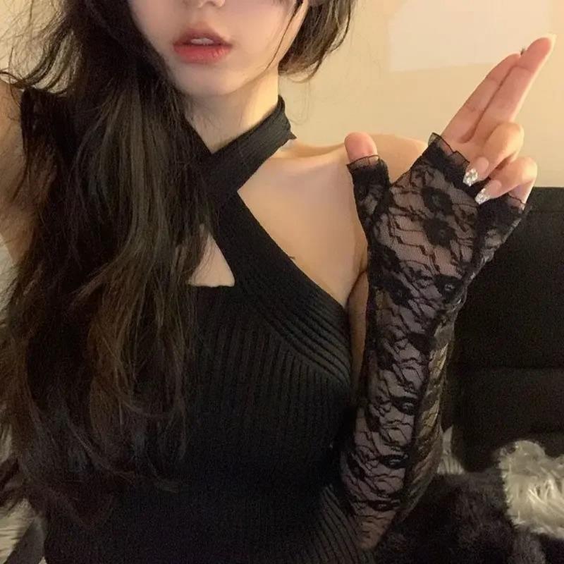 Mesh Fishnet Bowknot Long Gloves for Women Lace Ruffle Fingerless Gloves Mittens Lolita Kawaii White Gloves UV Protection