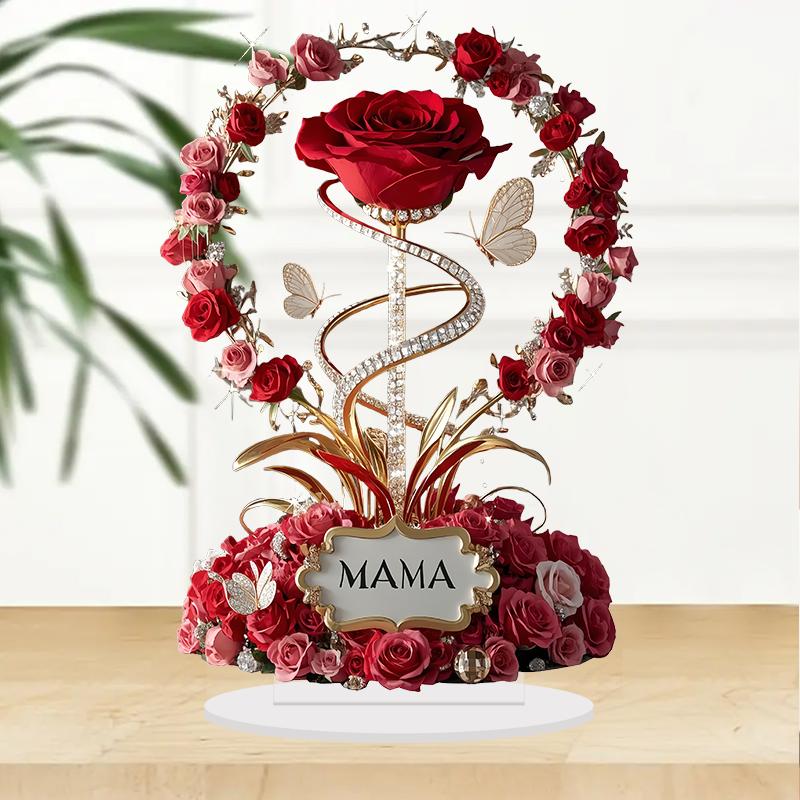 2D Acrylic Ornament Red Rose MOM Pattern Roses Mother Flat Elegant Desk Decora Filial Child To Mother Gifts