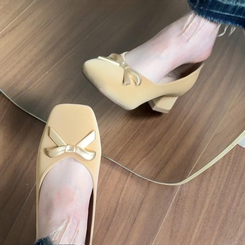 French Bow Square Toe Shallow Mouth Block Heel Work Single Shoes Women's 2026 New Professional Shoes