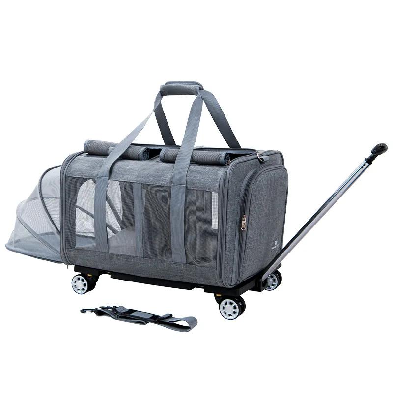 Dog Cats Trolley Case with Wheels Pet Rolling Carrier Breathable with Pad Folding Travel Tote for Kennel Puppy Car Traveling