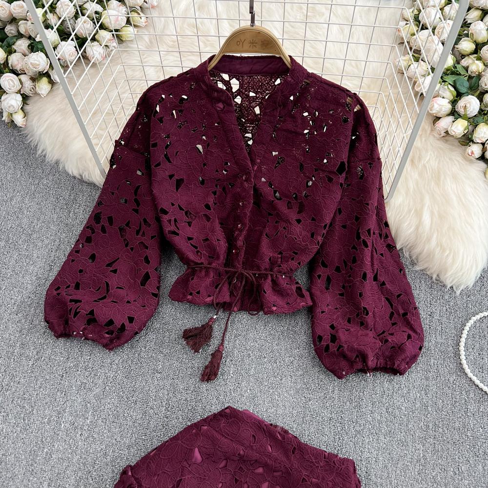 Retro Temperament V-neck Hollow Embroidered Lantern Sleeve Short Shirt Women's Two-piece Hit High Waist Slim A-line Skirt