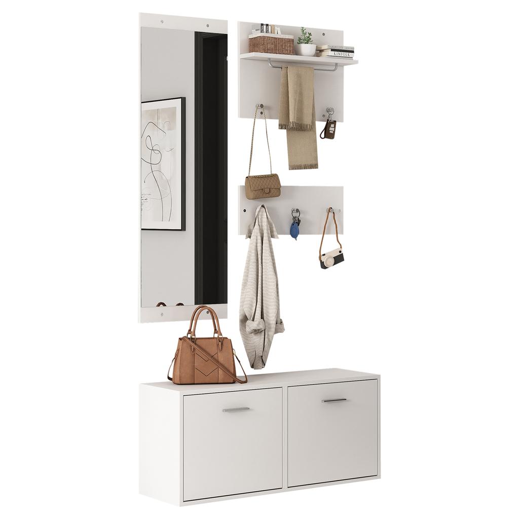 90*30*41.5cm 4-Piece Coat Rack Set with Mirror, 2 Hat Shelves and Shoe Cabinet, Compact Coat Rack with 6 Coat Hooks, White
